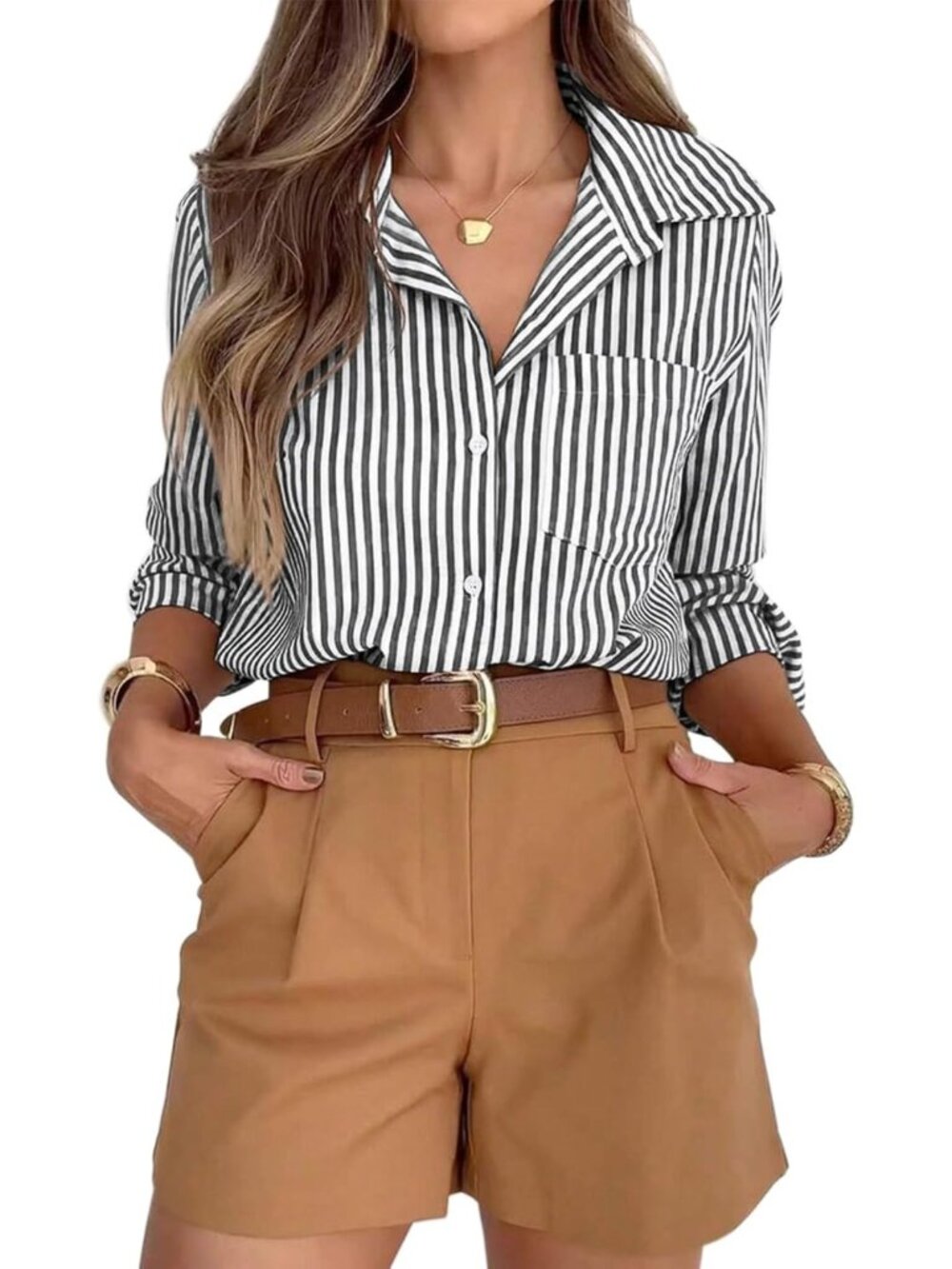 Chic Striped Button Down Shirt for Women | Work Collared Dress Top